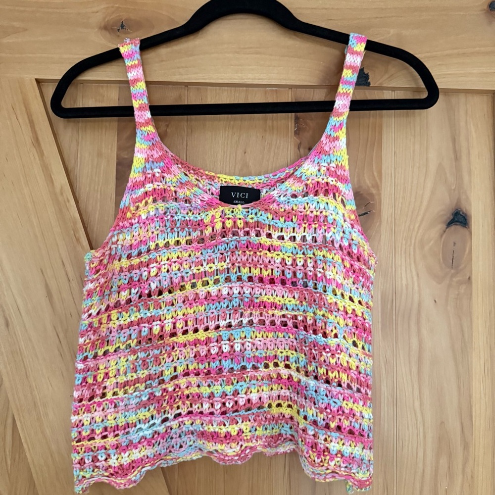 VICI Multicolor Crochet Women's Top, Pink Crochet Tank, Small